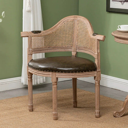 Traditional European Triangle Genuine Leather Upholstered Solid Wood Dining Chair Arc Backrest For Dining Room