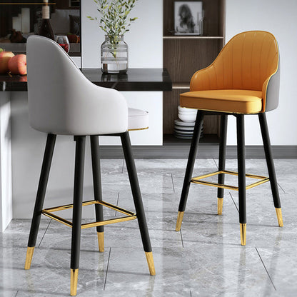 Contemporary Luxury Curved Faux Nappa Leather Seat Metal Bar Stool Backrest Footrest For Dining Room