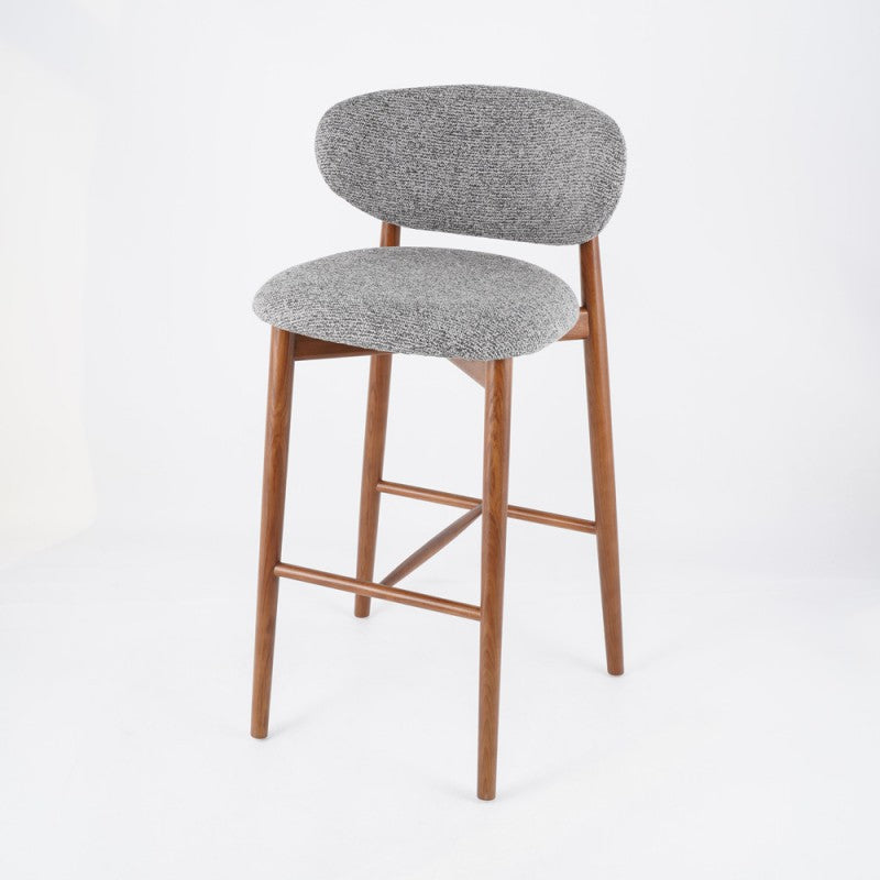 Contemporary Nordic Round Fabric Solid Wood Frame Bar Stool Low Back Footrest For Dining Room
