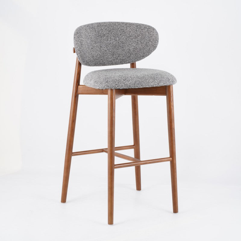 Contemporary Nordic Round Fabric Solid Wood Frame Bar Stool Low Back Footrest For Dining Room
