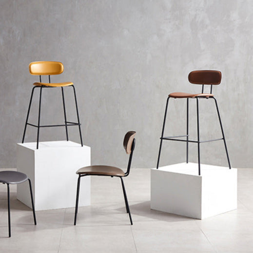 Contemporary Scandinavian Square Faux Leather Metal Legs Bar Stool Backrest Footrest For Dining Room