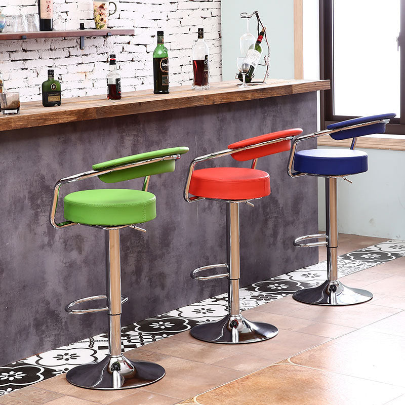 Contemporary Luxury Round PU Leather Metal Height Adjustable Swivel Bar Stool Footrest For Dining Room