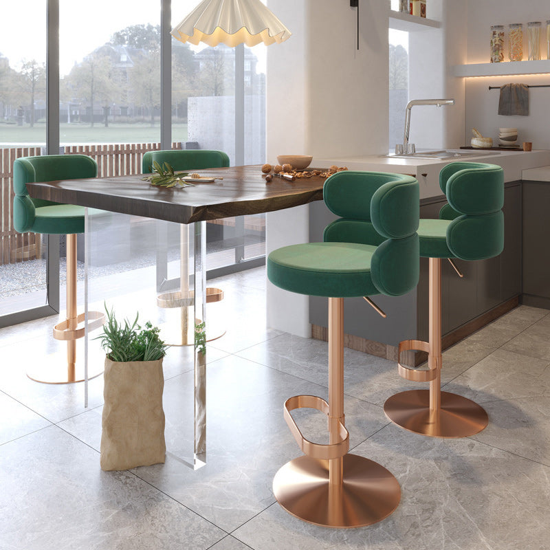 Contemporary Luxury Round Flannel Upholstered Height Adjustable Swivel Bar Stool Backrest Footrest For Dining Room