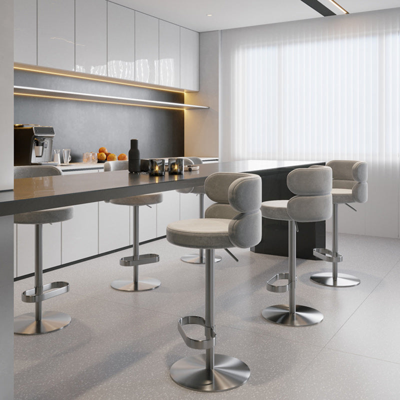 Contemporary Luxury Round Flannel Upholstered Height Adjustable Swivel Bar Stool Backrest Footrest For Dining Room