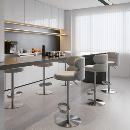 Contemporary Luxury Round Flannel Upholstered Height Adjustable Swivel Bar Stool Backrest Footrest For Dining Room