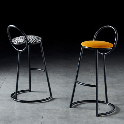 Modern Transitional Round Houndstooth Cushion Metal Bar Stool Arc Backrest Footrest For Dining Room