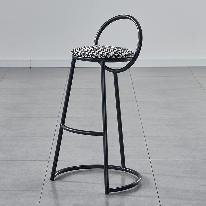 Modern Transitional Round Houndstooth Cushion Metal Bar Stool Arc Backrest Footrest For Dining Room
