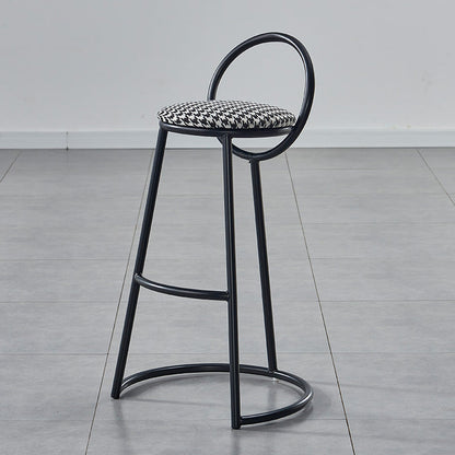 Modern Transitional Round Houndstooth Cushion Metal Bar Stool Arc Backrest Footrest For Dining Room
