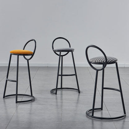 Modern Transitional Round Houndstooth Cushion Metal Bar Stool Arc Backrest Footrest For Dining Room