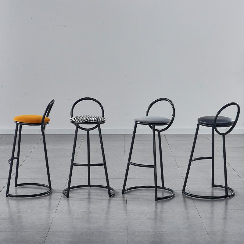 Modern Transitional Round Houndstooth Cushion Metal Bar Stool Arc Backrest Footrest For Dining Room