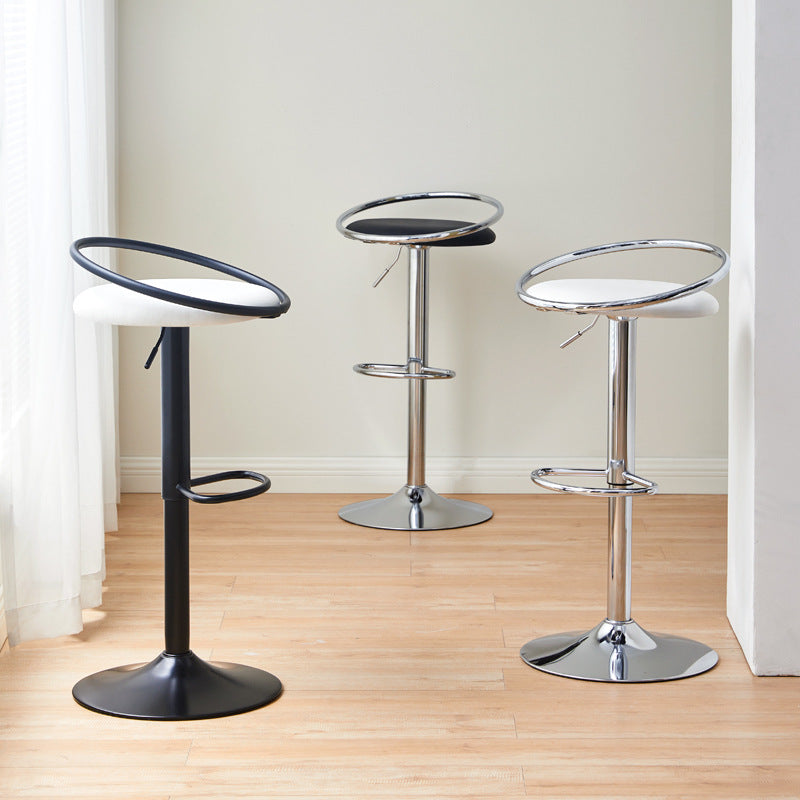 Modern Mid-Century Leather Carbon Steel Height Adjustable Swivel Bar Stool Low Back Footrest For Dining Room