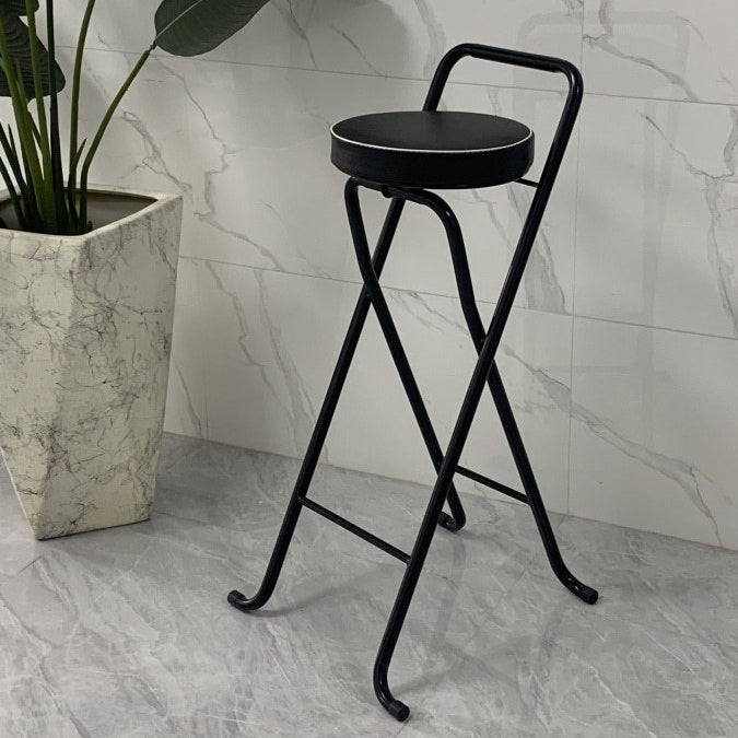 Contemporary Industrial Round PU Leather Iron Tube Foldable Bar Stool Low Back Footrest For Dining Room