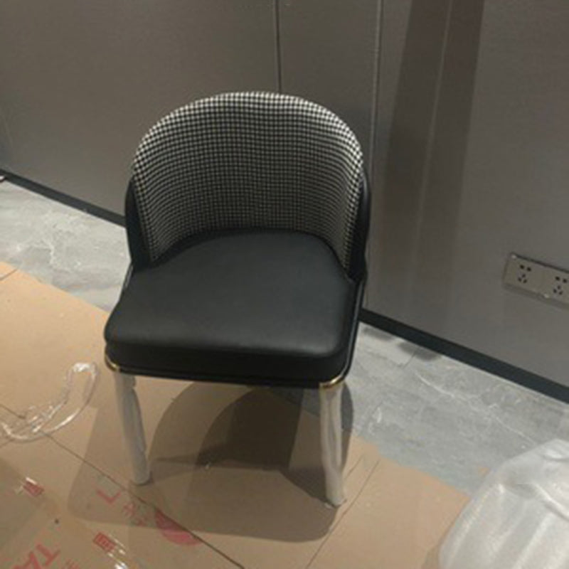 Contemporary Scandinavian Curved Houndstooth Linen Upholstered Dining Chair PU Leather Backrest For Dining Room