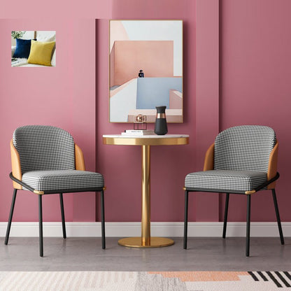 Contemporary Scandinavian Curved Houndstooth Linen Upholstered Dining Chair PU Leather Backrest For Dining Room