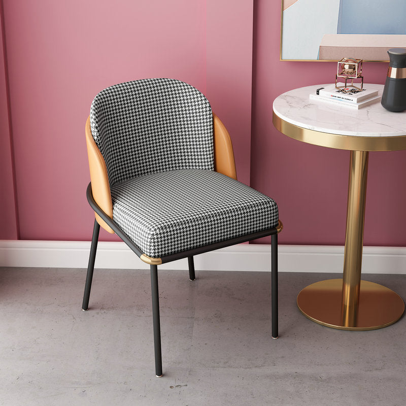 Contemporary Scandinavian Curved Houndstooth Linen Upholstered Dining Chair PU Leather Backrest For Dining Room