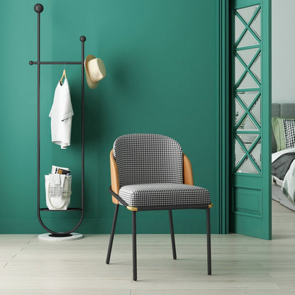 Contemporary Scandinavian Curved Houndstooth Linen Upholstered Dining Chair PU Leather Backrest For Dining Room