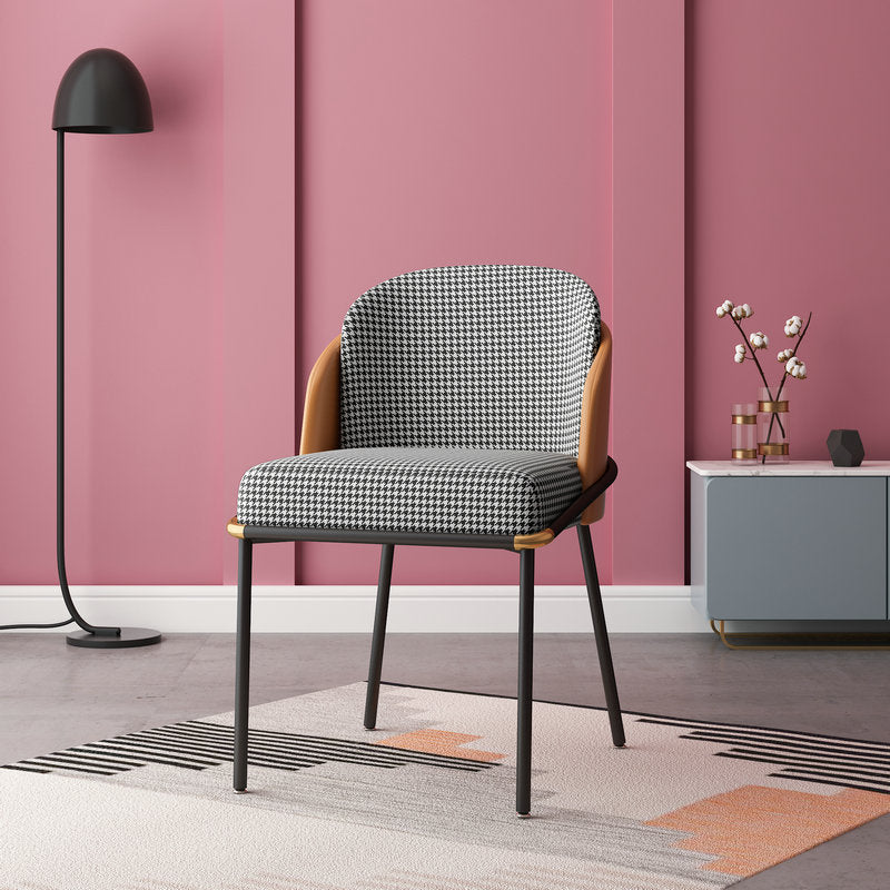 Contemporary Scandinavian Curved Houndstooth Linen Upholstered Dining Chair PU Leather Backrest For Dining Room