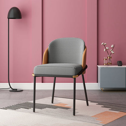 Contemporary Scandinavian Curved Houndstooth Linen Upholstered Dining Chair PU Leather Backrest For Dining Room