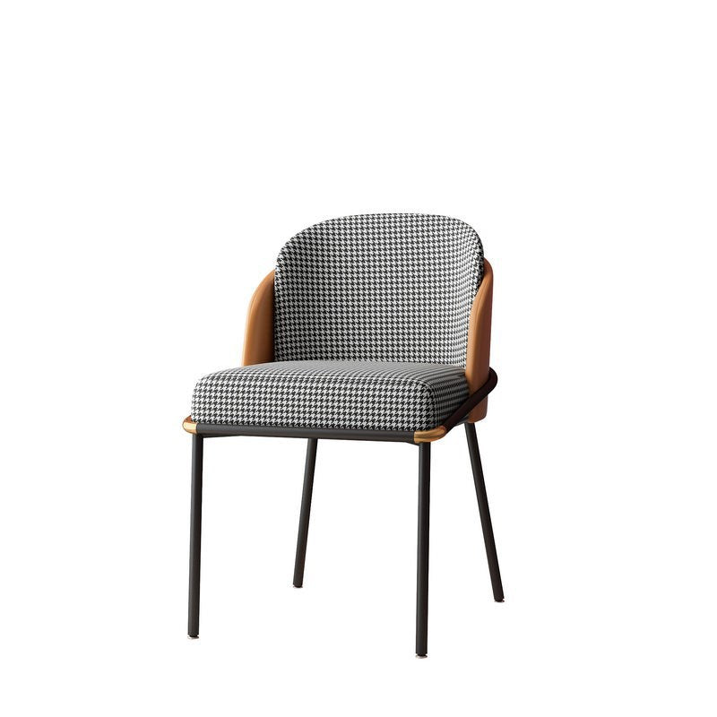Contemporary Scandinavian Curved Houndstooth Linen Upholstered Dining Chair PU Leather Backrest For Dining Room