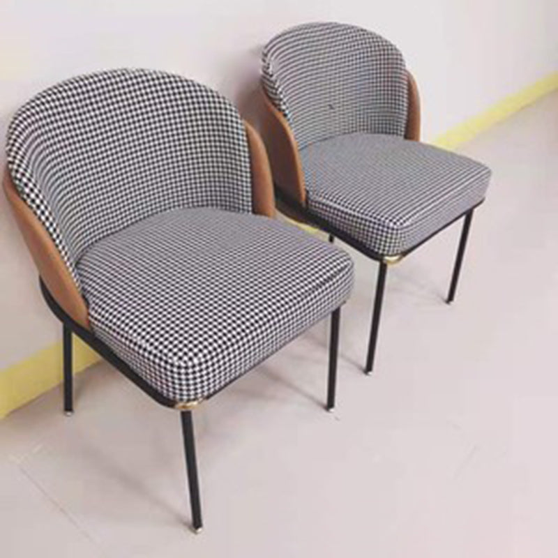 Contemporary Scandinavian Curved Houndstooth Linen Upholstered Dining Chair PU Leather Backrest For Dining Room