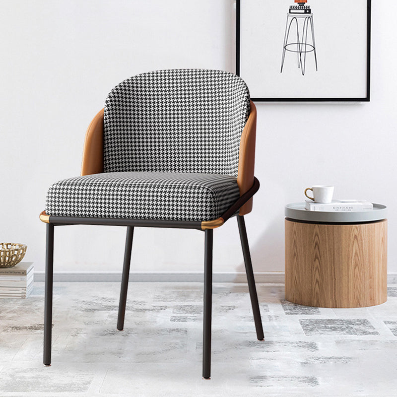 Contemporary Scandinavian Curved Houndstooth Linen Upholstered Dining Chair PU Leather Backrest For Dining Room