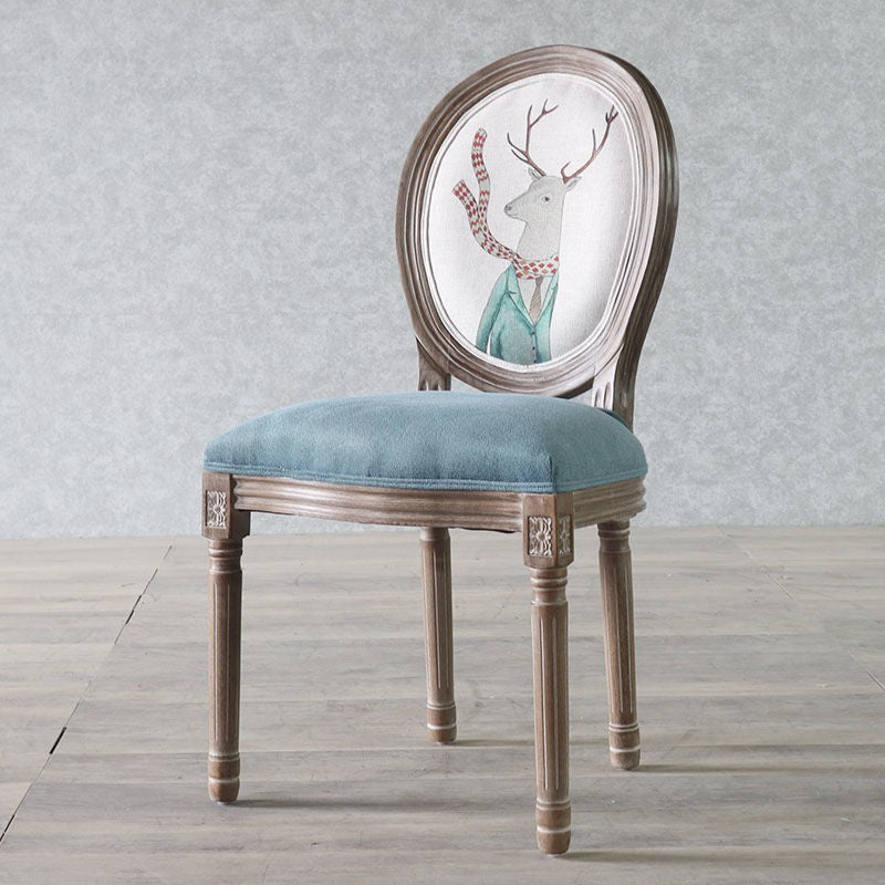 Traditional European Curved Distressed Wooden Frame Velvet Fabric Dining Chair Round Back For Dining Room
