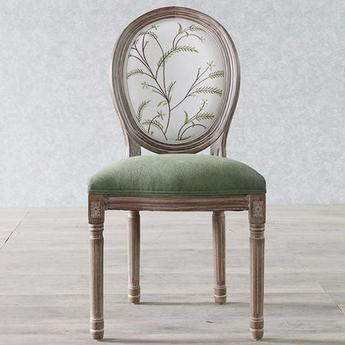 Traditional European Curved Distressed Wooden Frame Velvet Fabric Dining Chair Round Back For Dining Room