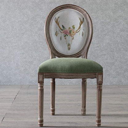 Traditional European Curved Distressed Wooden Frame Velvet Fabric Dining Chair Round Back For Dining Room