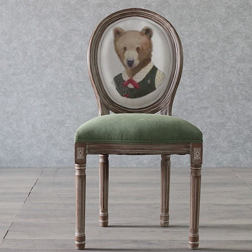 Traditional European Curved Distressed Wooden Frame Velvet Fabric Dining Chair Round Back For Dining Room