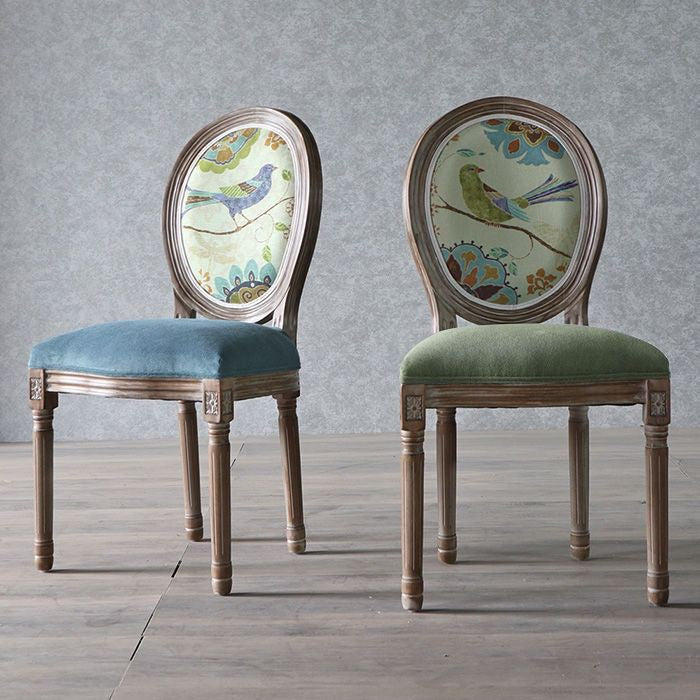 Traditional European Curved Distressed Wooden Frame Velvet Fabric Dining Chair Round Back For Dining Room
