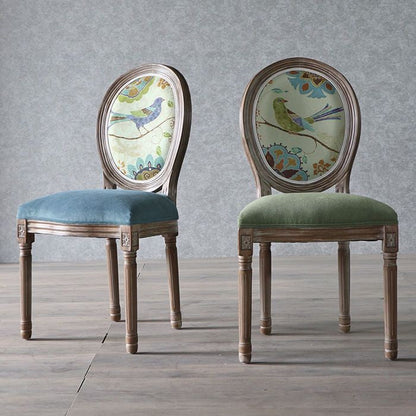Traditional European Curved Distressed Wooden Frame Velvet Fabric Dining Chair Round Back For Dining Room
