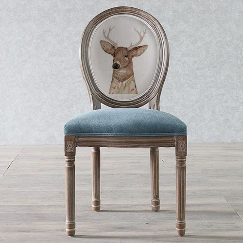 Traditional European Curved Distressed Wooden Frame Velvet Fabric Dining Chair Round Back For Dining Room