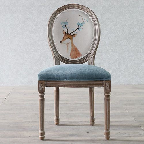 Traditional European Curved Distressed Wooden Frame Velvet Fabric Dining Chair Round Back For Dining Room