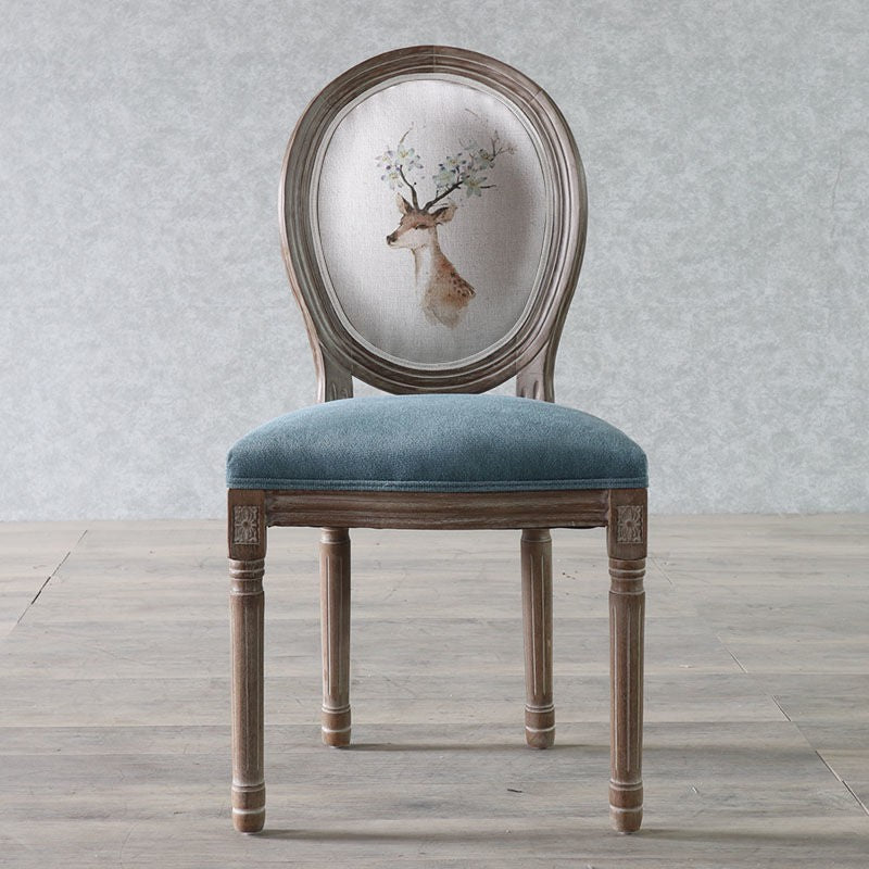 Traditional European Curved Distressed Wooden Frame Velvet Fabric Dining Chair Round Back For Dining Room