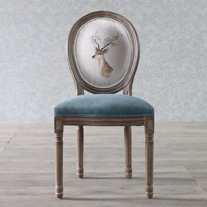 Traditional European Curved Distressed Wooden Frame Velvet Fabric Dining Chair Round Back For Dining Room