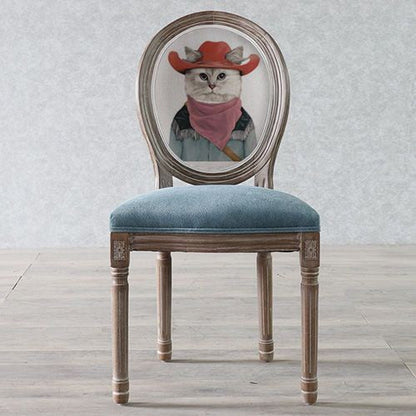 Traditional European Curved Distressed Wooden Frame Velvet Fabric Dining Chair Round Back For Dining Room