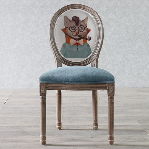 Traditional European Curved Distressed Wooden Frame Velvet Fabric Dining Chair Round Back For Dining Room
