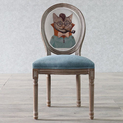 Traditional European Curved Distressed Wooden Frame Velvet Fabric Dining Chair Round Back For Dining Room