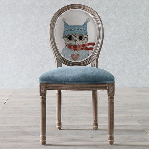 Traditional European Curved Distressed Wooden Frame Velvet Fabric Dining Chair Round Back For Dining Room
