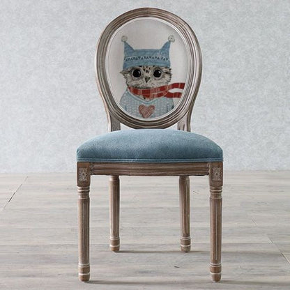 Traditional European Curved Distressed Wooden Frame Velvet Fabric Dining Chair Round Back For Dining Room
