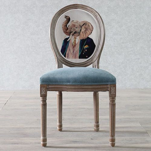 Traditional European Curved Distressed Wooden Frame Velvet Fabric Dining Chair Round Back For Dining Room