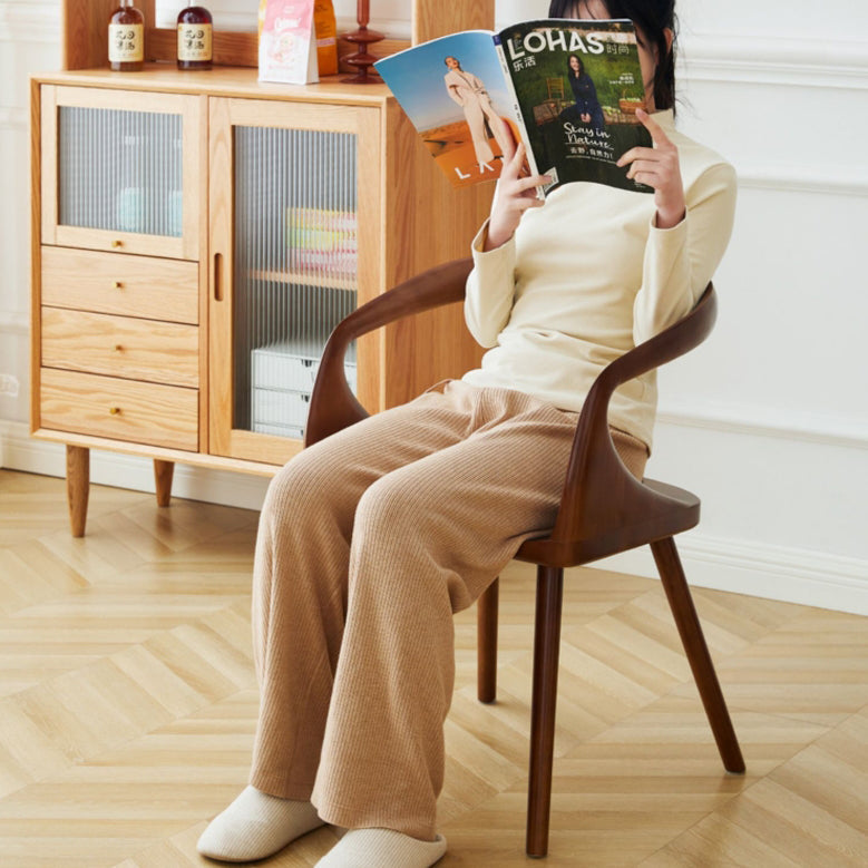 Traditional Vintage Curved Square Wood Dining Chair Backrest Armrest For Dining Room