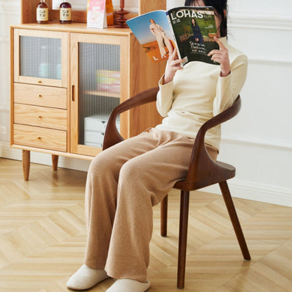 Traditional Vintage Curved Square Wood Dining Chair Backrest Armrest For Dining Room