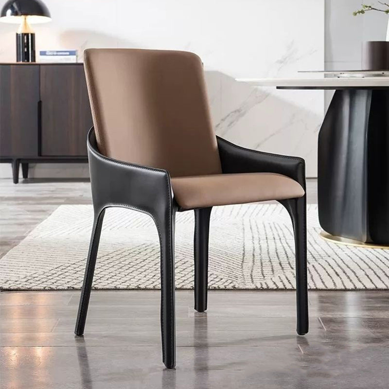 Modern Minimalist Rectangular Metal Microfiber Leather Dining Chair Backrest Armrest For Dining Room