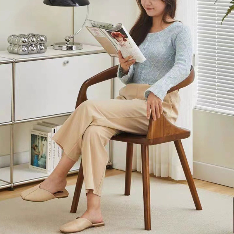 Traditional Vintage Curve Square Wood Dining Chair Backrest Armrest For Dining Room