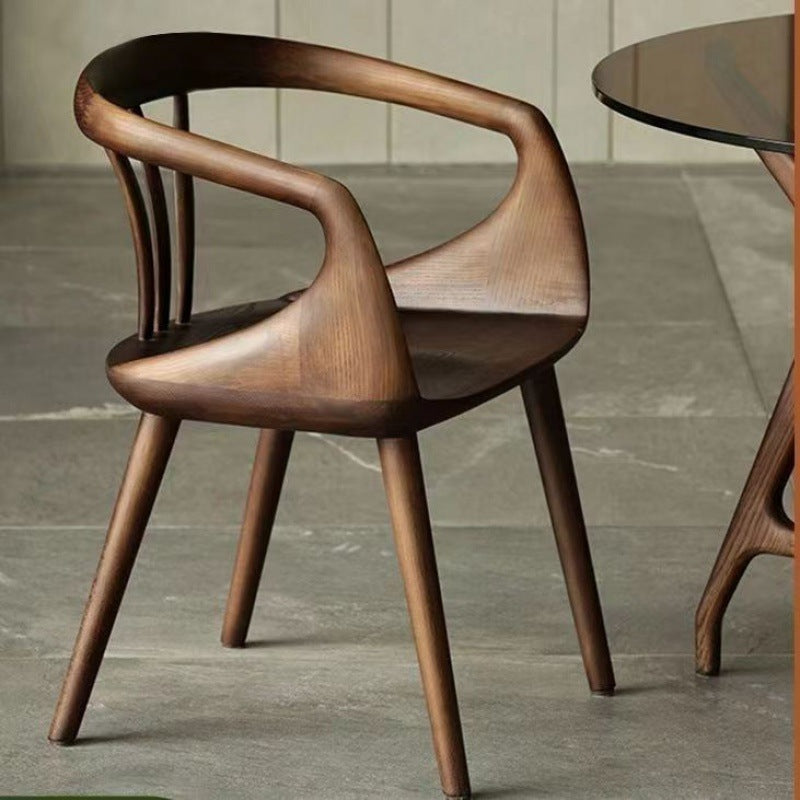 Traditional Vintage Curve Square Wood Dining Chair Backrest Armrest For Dining Room