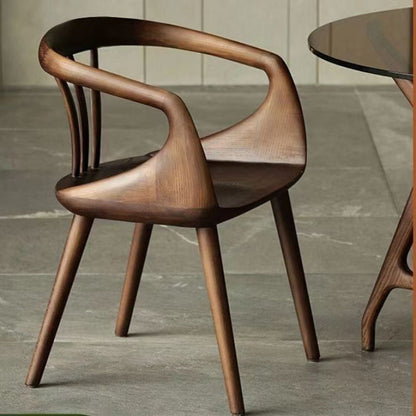 Traditional Vintage Curve Square Wood Dining Chair Backrest Armrest For Dining Room