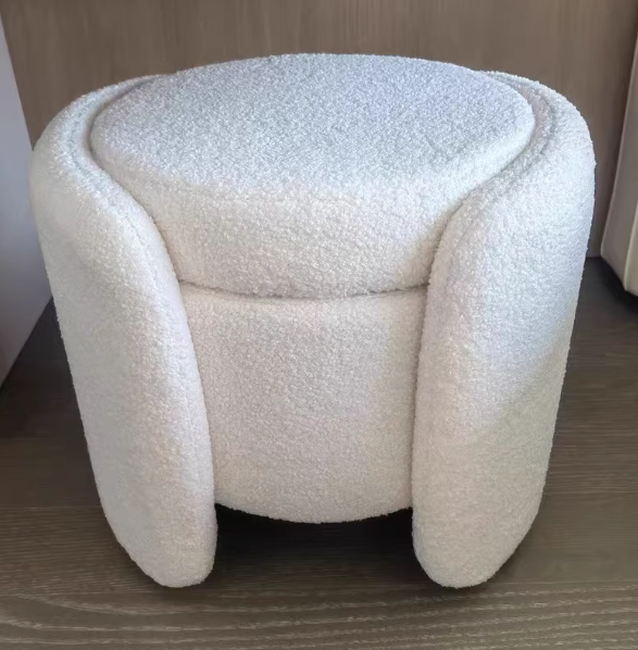 Contemporary Nordic Cream Storable Round Cylinder Wood Lambswool Vanity Stool For Bedroom
