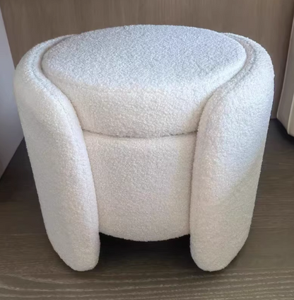 Contemporary Nordic Cream Storable Round Cylinder Wood Lambswool Vanity Stool For Bedroom