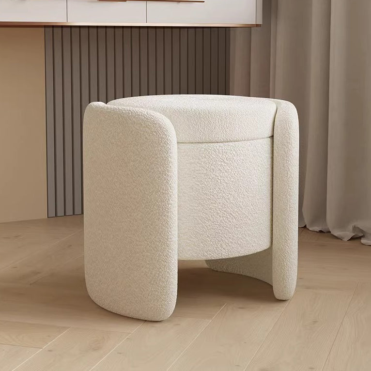 Contemporary Nordic Cream Storable Round Cylinder Wood Lambswool Vanity Stool For Bedroom